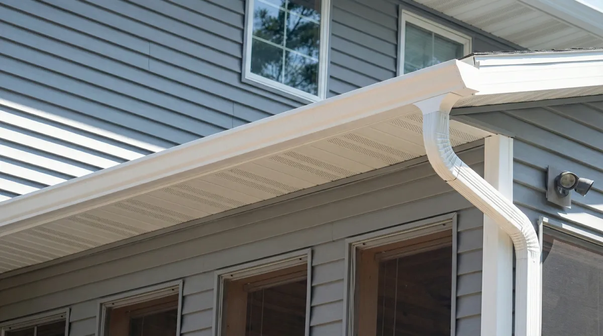 Professional home remodeling project showing newly installed white seamless gutters and downspouts on a house with gray siding in Aurora, IL