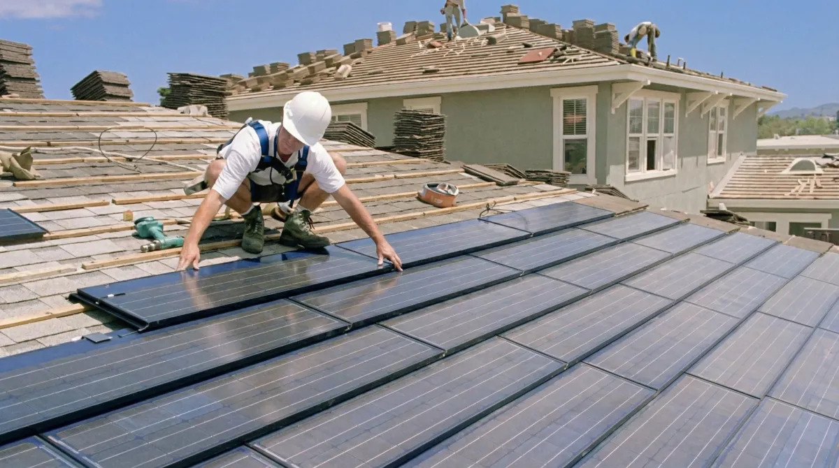 Roof replacement expert installing modern solar shingles on a residential home in Aurora, IL