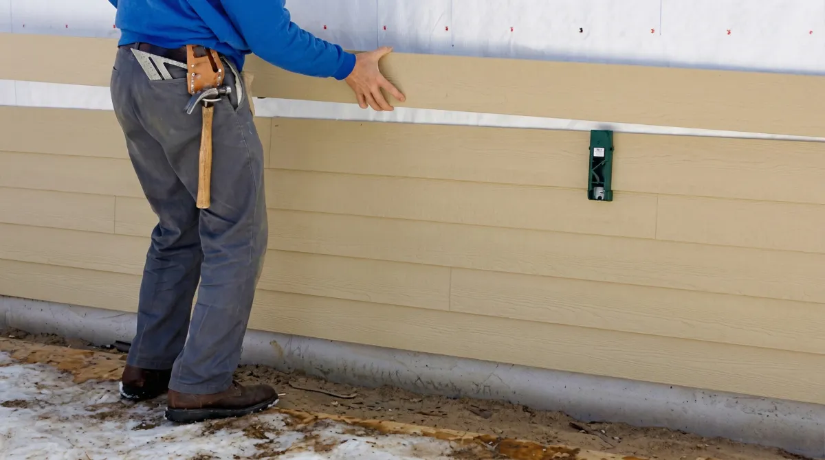 Siding replacement expert carefully aligning a new tan siding panel onto a residential exterior wall in Aurora, IL