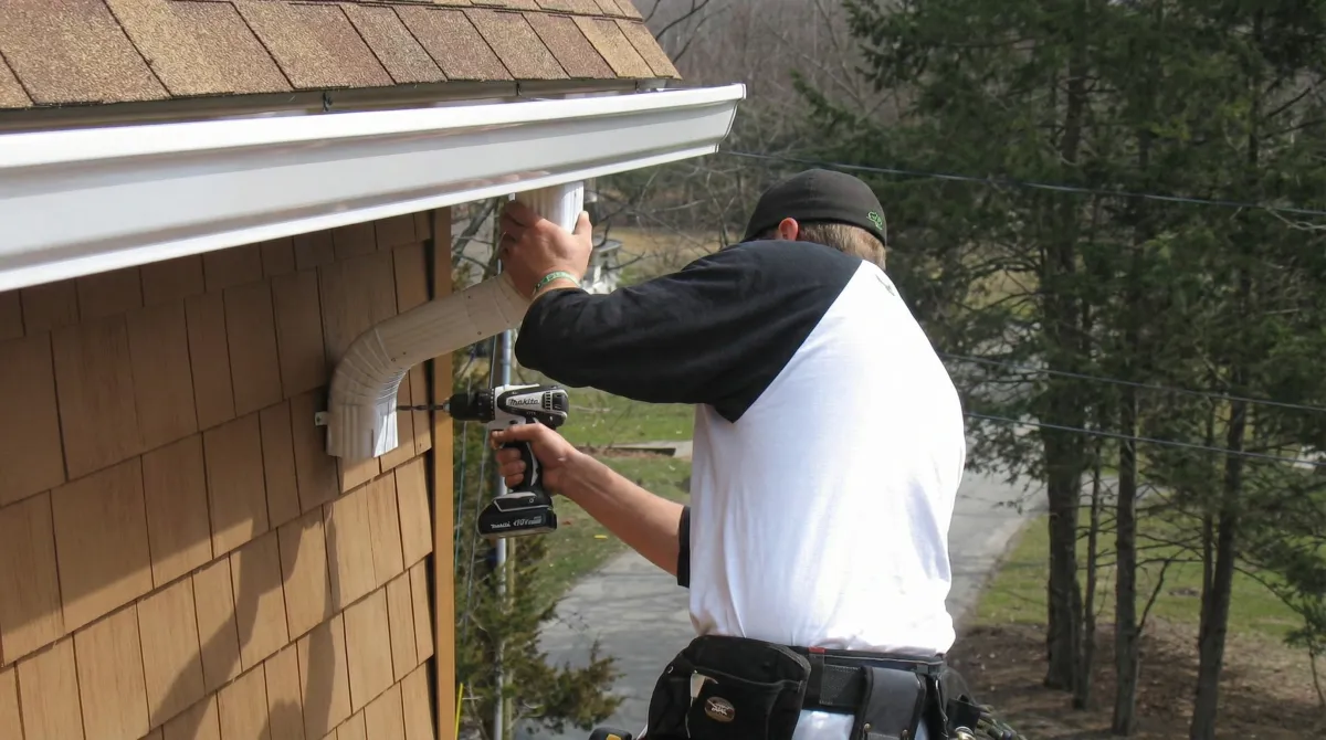 Professional contractor installing tan vinyl siding panels on a residential home exterior in Aurora, IL
