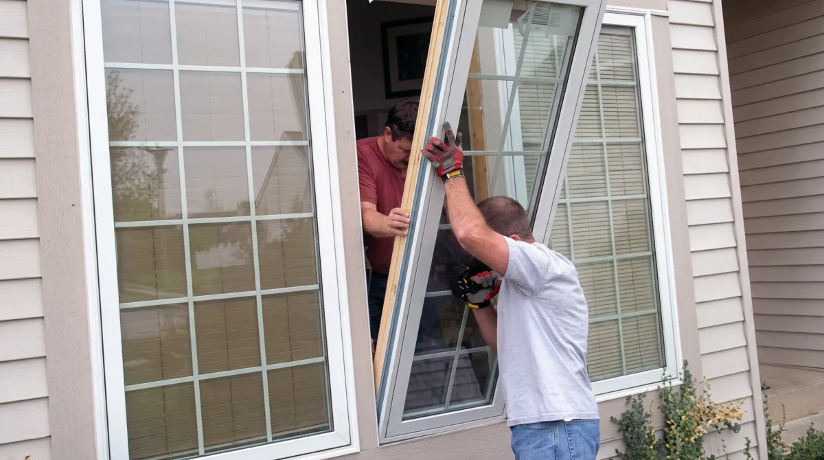 Professional home remodeling team installing a large replacement window on a house with tan siding in Aurora, IL